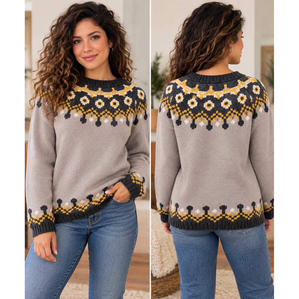 Fair Isle Yoke Knit Sweater Grey Yellow Geometric Boho Winter Pullover